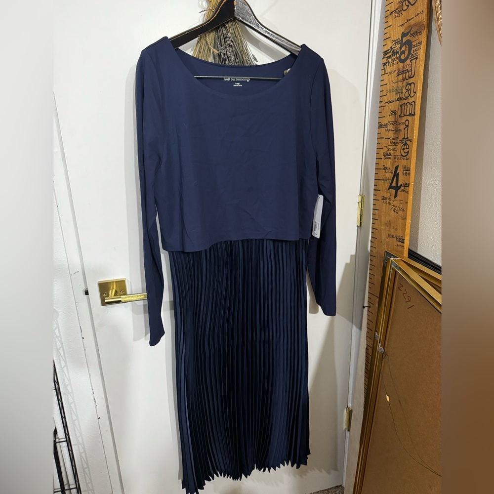 NWT Soft Surroundings Womens Cassandra Midi Dress Sz L Blue Long Sleeve Pleated